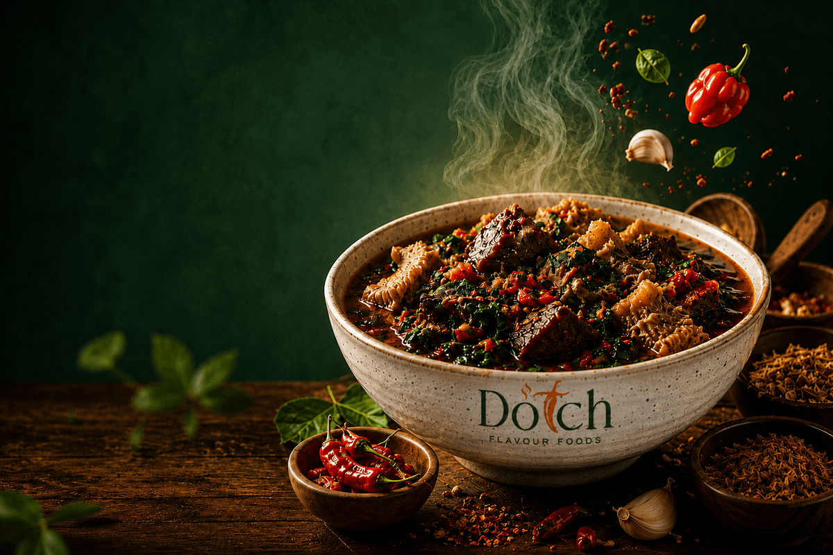 Steaming Dotch Flavour soup bowl with braised meat and greens