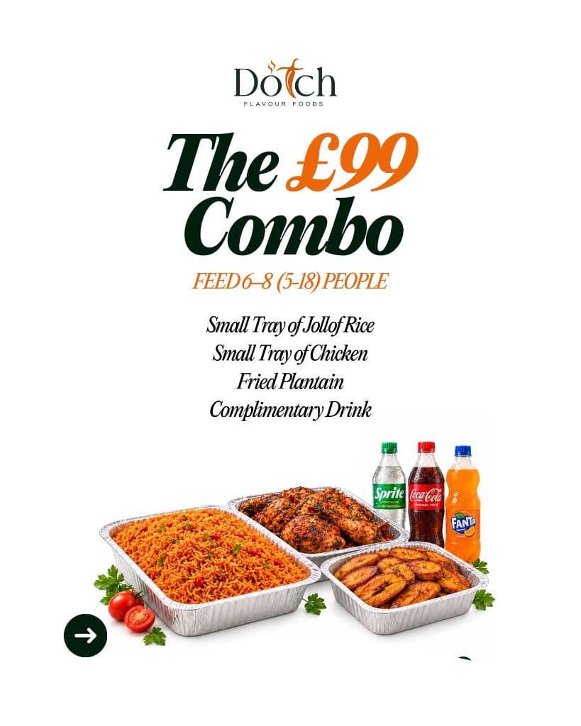 The £99 Combo with small trays of jollof rice, chicken, fried plantain and drinks