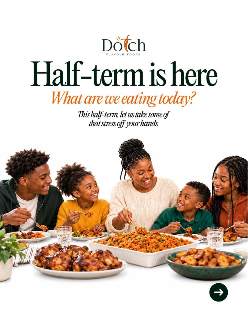 A family sharing Dotch Flavour jollof, chicken and plantain at the table